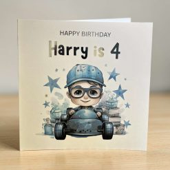 Boy in Racing Car Personalised Birthday Card