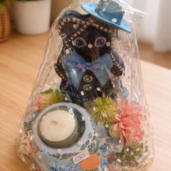 Denim blue jean bear floral candle arrangement