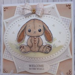 Handmade Neutral Baby Card – “Welcome to the World” with bunny