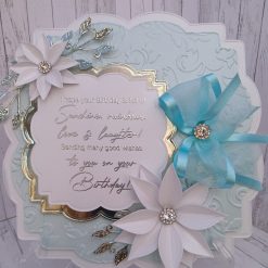 Luxury Handmade Birthday Card - Pretty pastel green & white, shaped design with star flowers