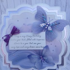 Luxury Handmade Butterfly Birthday Card – Amethyst, scalloped shaped, with vellum butterflies