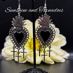 Gothic Sacred Heart Cross Earrings, Black Heart Dangle Earrings, Alternative Jewellery, Dark Romantic Earrings, Handmade Gift for Her.
