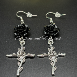 Black Rose Cross Earrings, Gothic Dangle Earrings, Dark Romantic Jewellery, Alternative Handmade Earrings, Floral Cross Statement Earrings.