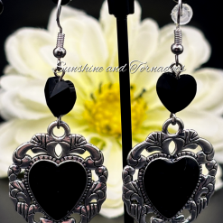 Black Heart Vintage Earrings, Gothic Heart Dangle Earrings, Antique Style Jewellery, Handmade Statement Earrings, Alternative Gift for Her.