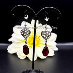 Red Crystal Heart Drop Earrings, Celtic Heart Dangle Earrings, Romantic Gothic Jewellery, Handmade Statement Earrings, Gift for Her.