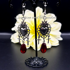 Gothic Sacred Heart Cross Earrings with Red Crystal Drop, Dark Romantic Dangle Earrings, Alternative Jewellery, Handmade Statement Earrings.