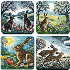Spring Hares  Cork Drinks Coasters, Set of 4, Square, 9.5 x 9.5 Centimetres, Wipe Clean
