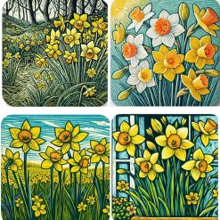 Daffodil Coasters, Set of 4, Square, Cork backed , 9.5 x 9.5 Centimetres, Linocut Art Print Style