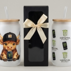 16oz Frosted Glass Tumber Highland Cow Monster Energy