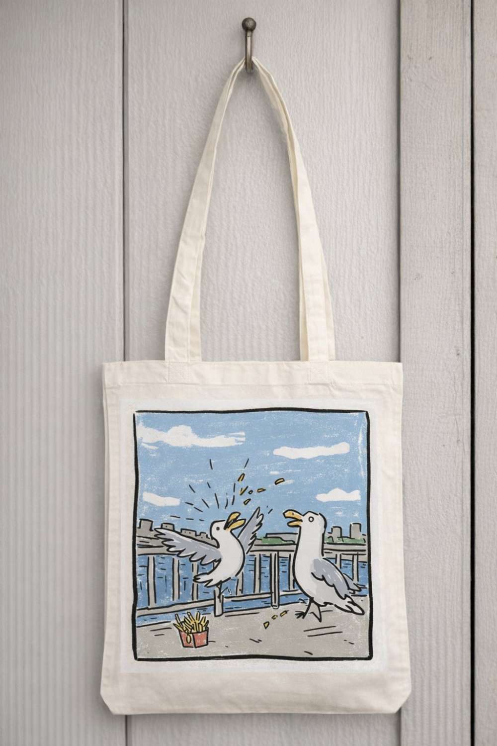 Seagull and the chips Cotton Tote Bag, Unisex, 38 x 43 cm, Printed Both Sides Seagull and the chips Cotton Tote Bag, Unisex, 38 x 43 cm, Printed Both Sides