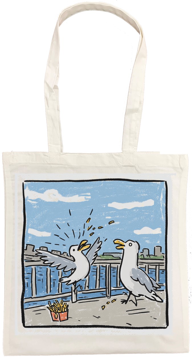 Seagull and the chips Cotton Tote Bag, Unisex, 38 x 43 cm, Printed Both Sides Seagull and the chips Cotton Tote Bag, Unisex, 38 x 43 cm, Printed Both Sides