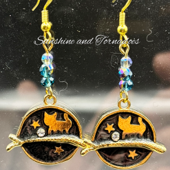 Celestial Cat Earrings, Handmade Gold Black Cat Jewellery, Moon & Stars Earrings, Witchy Jewellery Gift, Gothic Cat Lover Earrings.
