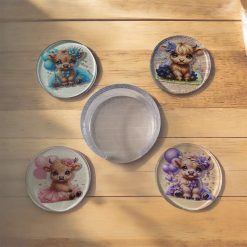 🐮 5-Piece Highland Cow Resin Coaster Set with Holder, Cute Baby Cow Floral Decor, Handmade Farmhouse Drink Coasters, Cow Lover Gift 🐮