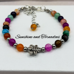 Rainbow Agate Bee Bracelet, Colourful Gemstone Bracelet, Bee Charm Jewellery, Multi-colour Beaded Bracelet, Handmade Healing Crystal Gift for Her.