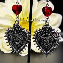 Red Crystal Heart Sacred Eye Earrings, Gothic Boho Dangle Earrings, Mystical Eye Jewellery, Handmade Statement Earrings, Gift for Her.