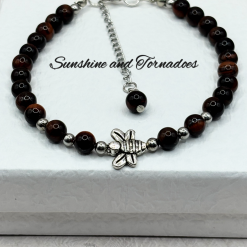 Red Tiger’s Eye Bee Bracelet, Gemstone Beaded Bracelet, Bee Charm Jewellery, Crystal Bracelet, Handmade Bracelet, Gift for Her.