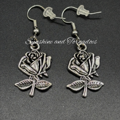 Silver Rose Dangle Earrings, Handmade Floral Earrings, Romantic Jewellery Gift for Her, Gothic Rose Earrings, Vintage Style Drop Earrings.