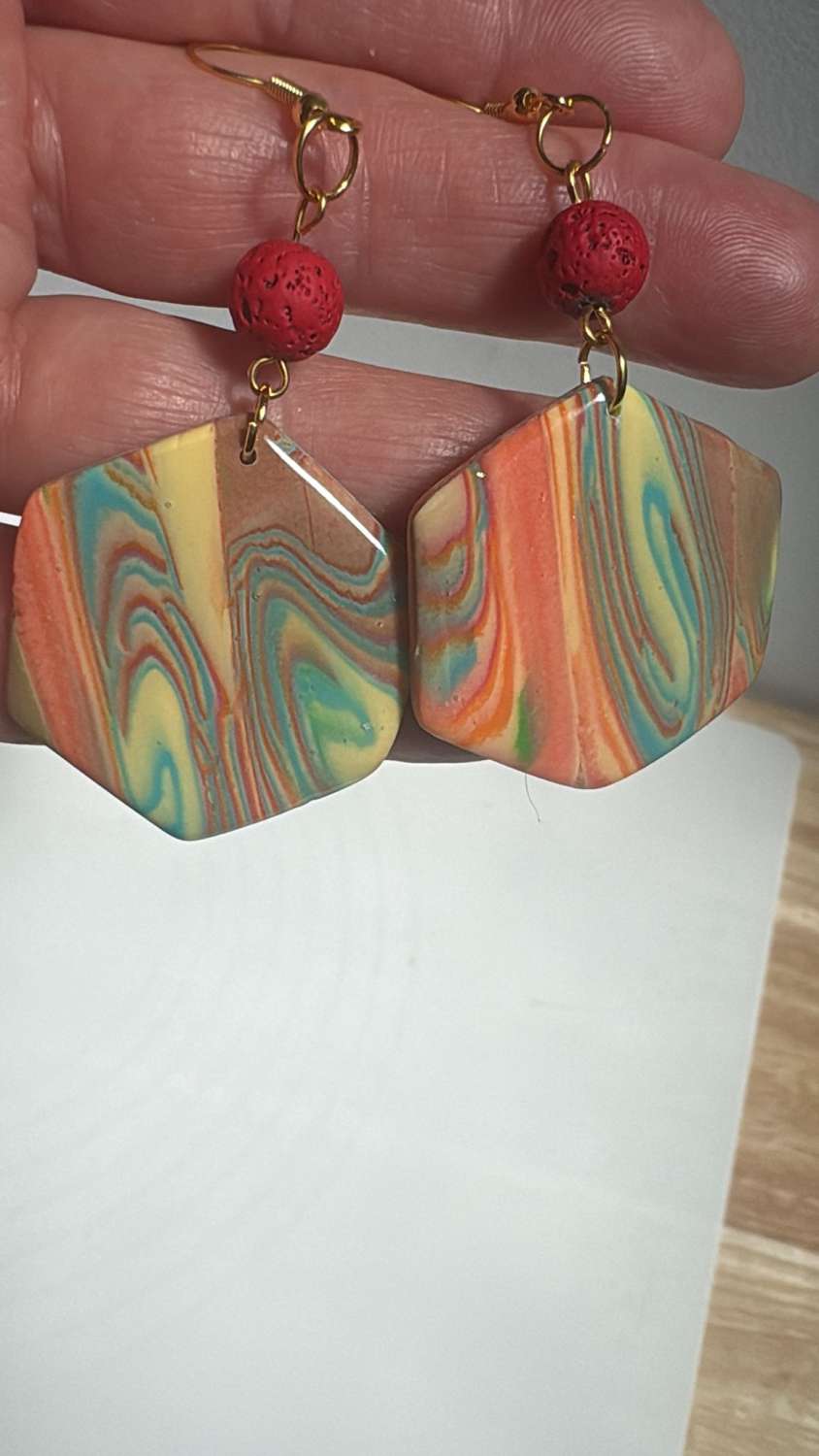 Sunset Marble Hexagon Earrings with Red Lava Stone | Color Pop Collection - MadeMe