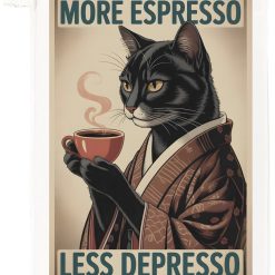 More Espresso Less Depresso Cat Tea Towel, 100% Cotton, White, 65 x 47cm, with Hanging Loop