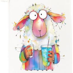 Funny Sheep Tea Towel, 100% Cotton, White, 65 x 47 cm, Whimsical Illustrated Print, with Hanging Loop