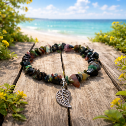 Agate & Leaf Charm Stretch Bracelet