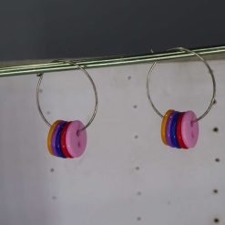 silver-plated hoop earrings with multiple acrylic buttons. 28 mm