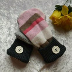 Pink Stripe Grey Cuff Handmade Upcycled SWEATER MITTENS MITTS (SM101)