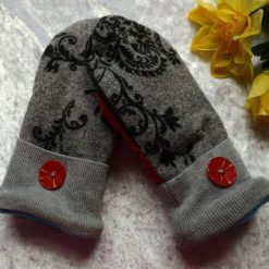 Fancy grey scroll Handmade Upcycled SWEATER MITTENS MITTS (SM137)