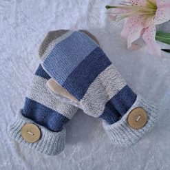 Blue Grey Stripe Grey Cuff Handmade Upcycled SWEATER MITTENS MITTS (SM153)