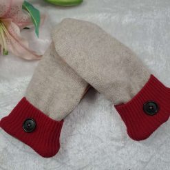 Ecru Red Peach Plain Woollen Handmade Upcycled SWEATER MITTENS MITTS (SM167)