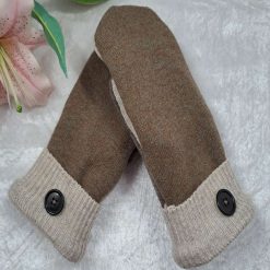 Brown Ecru Plain Woollen Handmade Upcycled SWEATER MITTENS MITTS (SM171)