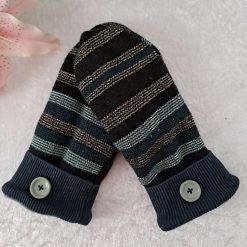 Black Gold & Green Stripe Handmade Upcycled SWEATER MITTENS MITTS (SM174)