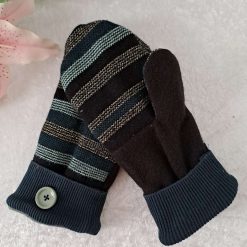 Black Gold & Green Stripe Handmade Upcycled SWEATER MITTENS MITTS (SM174) 1