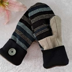 Black Gold & Green Stripe Handmade Upcycled SWEATER MITTENS MITTS (SM176) 1