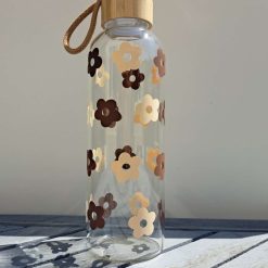 Daisy Brown/Beige Glass Water Bottle with Bamboo lid 600ml - non spill