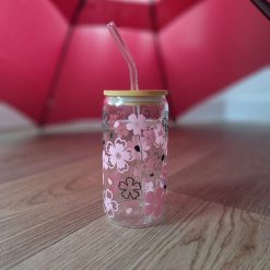 Cherry Flower Can with Bamboo Lid and Straw 16oz