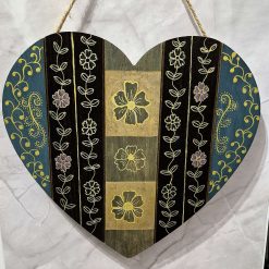 Hand Painted Wooden Plaque - Heart - Black, Gold and Teal