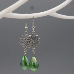 Handmade Green Stone Bead on Silver Plated Floral Style Dangle Drop Earrings Width 14 mm Length 41 mm