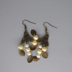 Brown filigree chandelier pearl and leaf earrings length 67mm width 20mm
