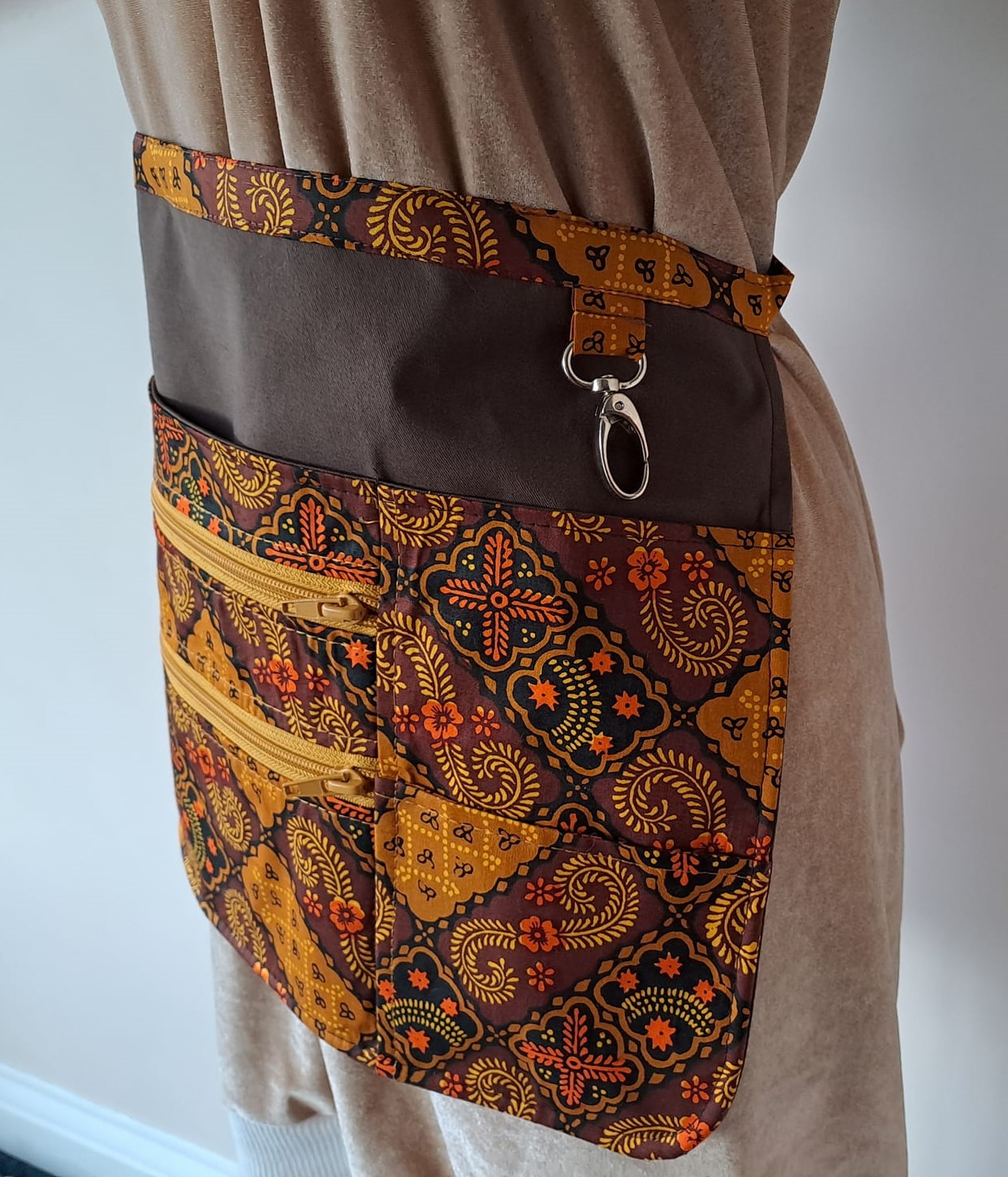 HALF APRON Brown African Print - Vendor, Crafters, Utility, Gardeners Multi pocket & zippered HALF APRON Brown African Print - Vendor, Crafters, Utility, Gardeners Multi pocket & zippered