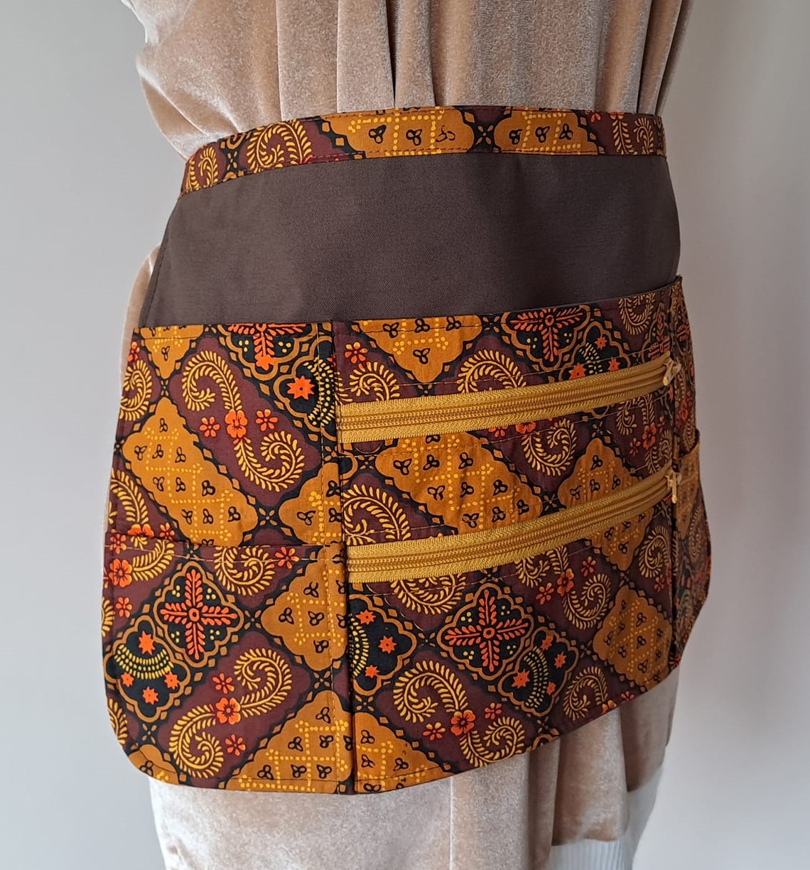 HALF APRON Brown African Print - Vendor, Crafters, Utility, Gardeners Multi pocket & zippered HALF APRON Brown African Print - Vendor, Crafters, Utility, Gardeners Multi pocket & zippered
