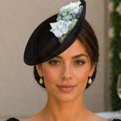 Black Floral Fascinator Sage & Pale Blue – Elegant Race Day Headpiece