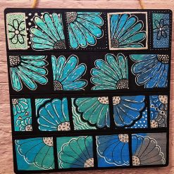 Hand Painted Wooden Plaque - Square - Teal Flowers