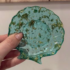 Beautiful Handmade resin shell trinket dish green & gold leaf