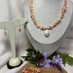 Pink Coral & Pearl Necklace Set Sterling Silver