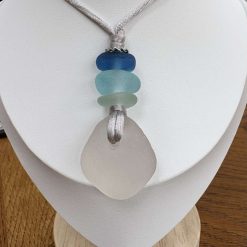 Seaglass pendant with blue multi and aqua seaglass adornment