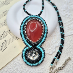 Bead Embroidered Red Onyx And Crystal Necklace