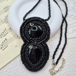 Bead Embroidered Black Agate And Crystal Necklace