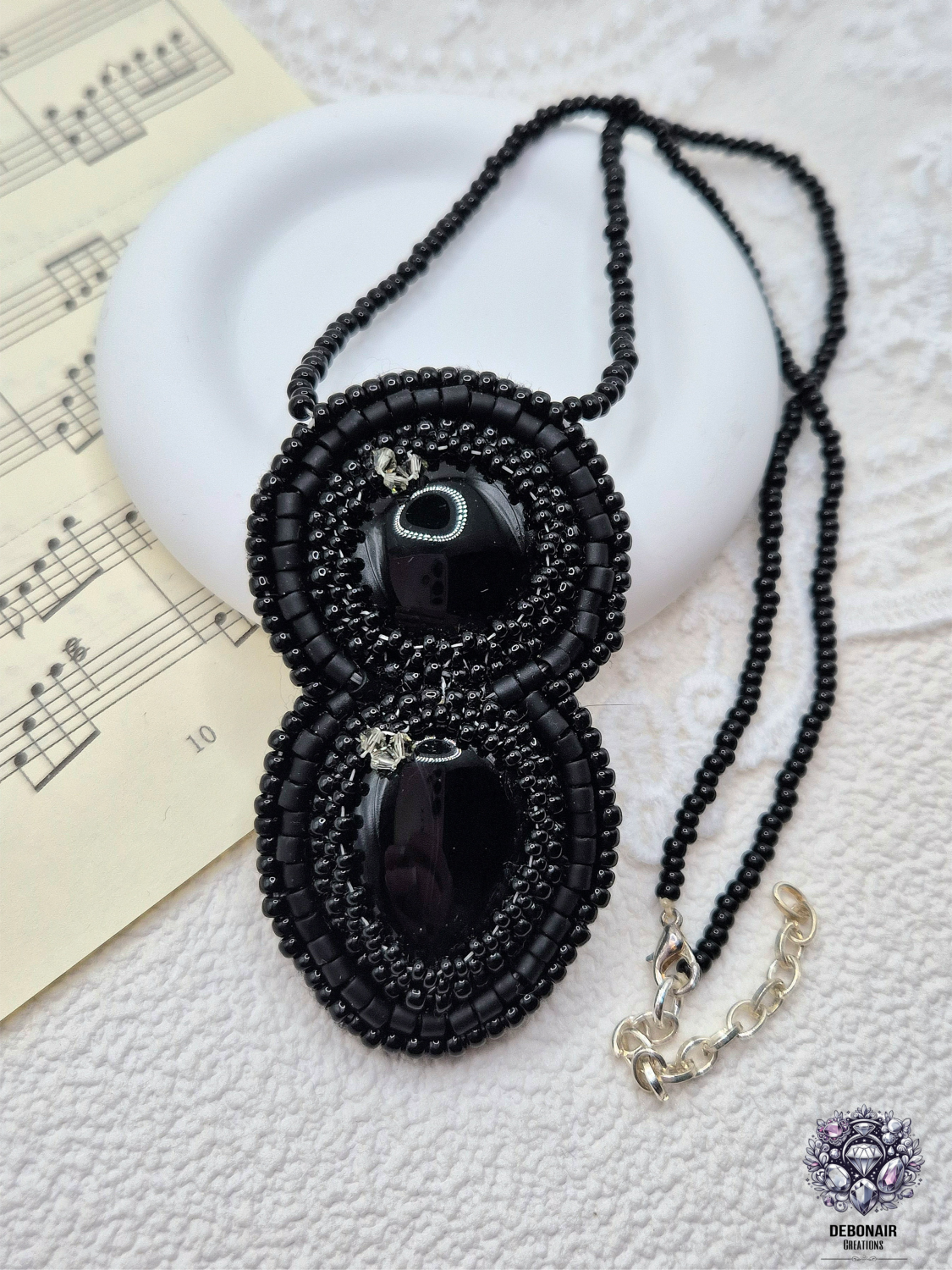 Bead Embroidered Black Agate And Crystal Necklace Bead Embroidered Black Agate And Crystal Necklace