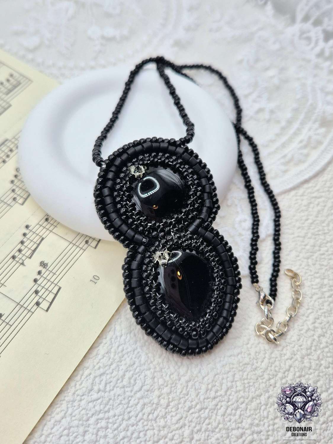 Bead Embroidered Black Agate And Crystal Necklace Bead Embroidered Black Agate And Crystal Necklace
